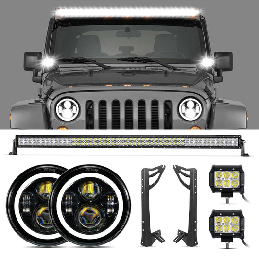 Auxbeam 07-17 JEEP JK - Mega Bundle, 7" Led Halo Headlights,52" 300W Straight Led Light Bar & Windshield Mounting Brackets, 18W Pods Light