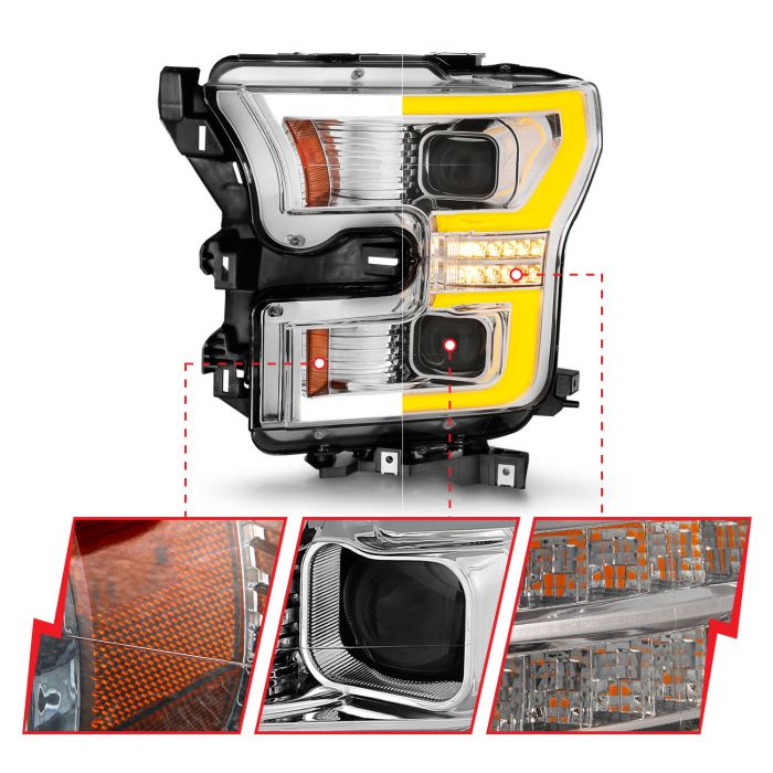 Different Parts of ANZO FORD FULL LED PROJECTOR PLANK STYLE SWITCHBACK HEADLIGHTS (CHROME) (FOR HALOGEN MODELS ONLY) | F-150 2015-17