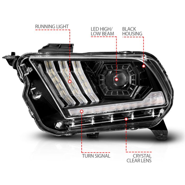 Different Features of ANZO FORD FULL LED PROJECTOR LIGHT BAR STYLE HEADLIGHTS BLACK W/ SEQUENTIAL SIGNAL | MUSTANG 10-12 HID MODEL / 10-14 HALOGEN MODEL