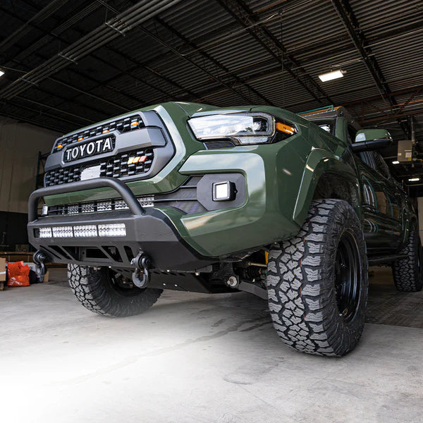 Installed on Car Side View CALI RAISED TOYOTA STEALTH BUMPER | 2016-2023 TACOMA (Secondary 32in SPOT BEAM with Relocation Mounts)