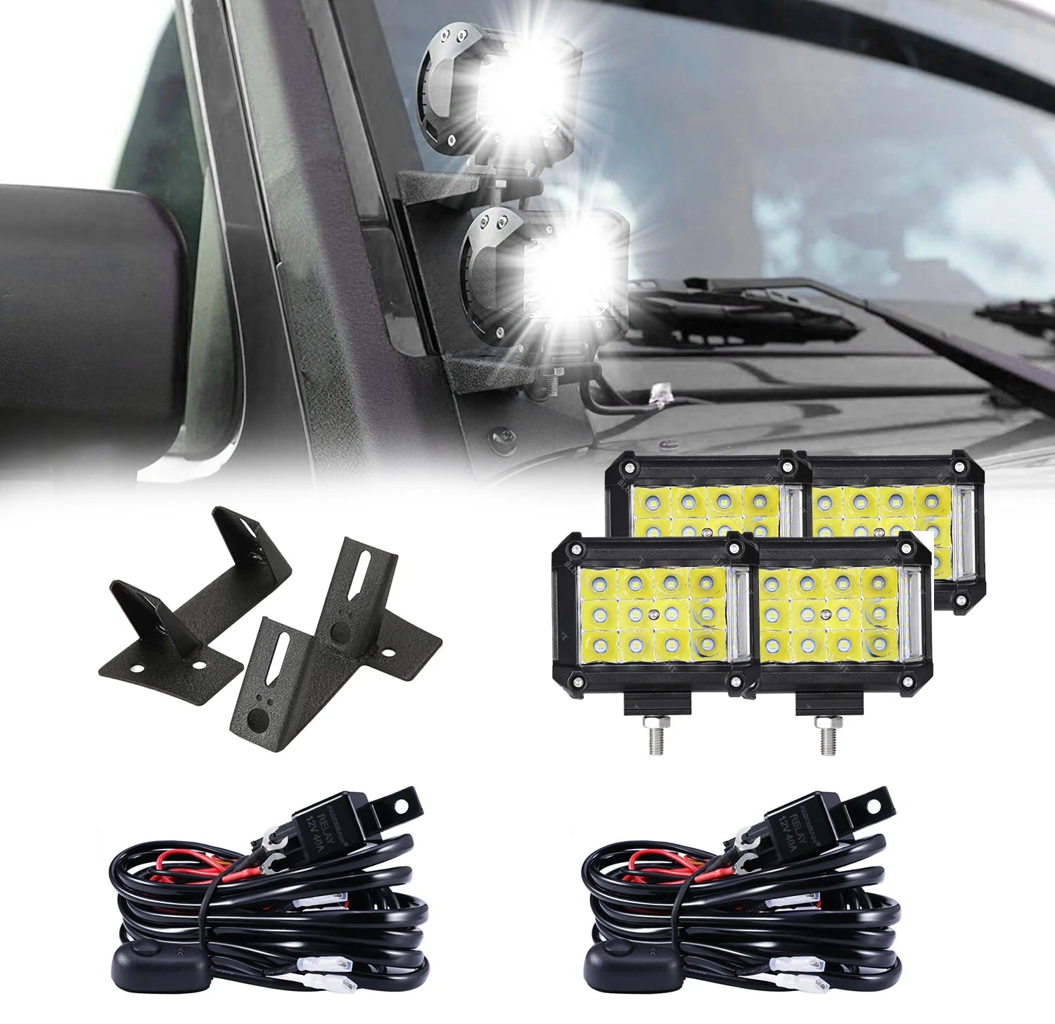 Auxbeam 4pcs 4" LED PODS Combo Beam & Dual A-Pillar Light Lower Windshield Hinge Mounting Brackets