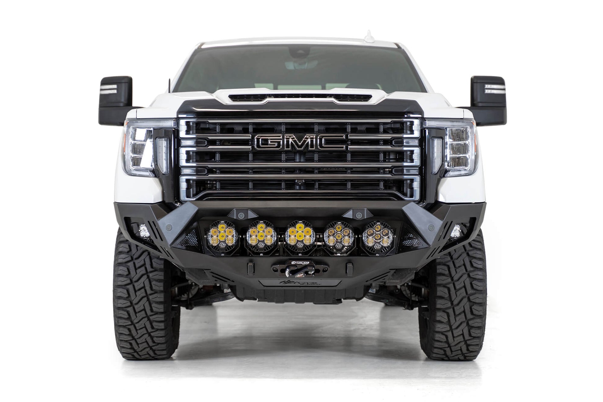 Installed on Car with Amber Round Lights front View ADD GMC Bomber HD Front Bumper | 2020-2023 Sierra 2500/3500