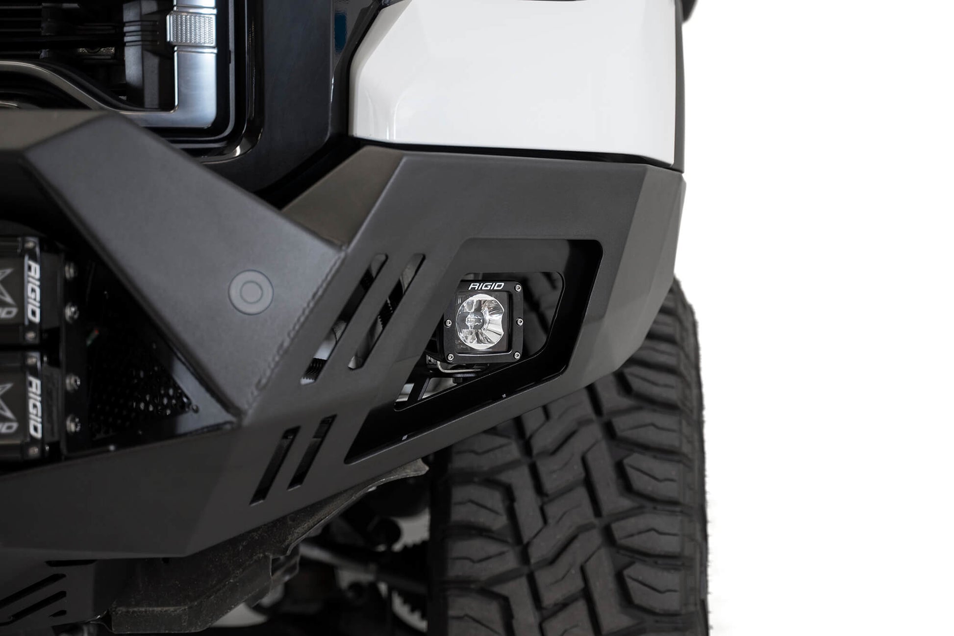 Installed on Car with Small Light on Side Close View ADD GMC Bomber HD Front Bumper | 2020-2023 Sierra 2500/3500