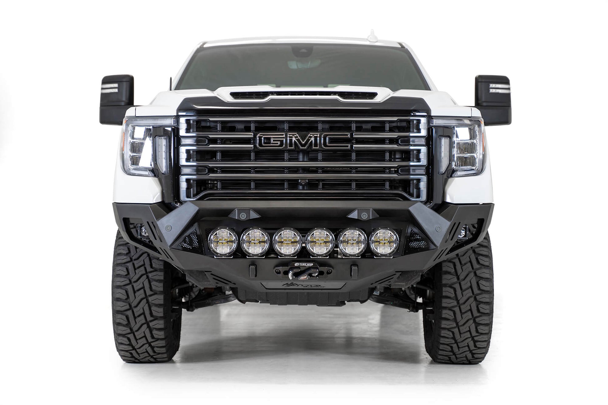 Installed on Car with White LED Lights Front View ADD GMC Bomber HD Front Bumper | 2020-2023 Sierra 2500/3500