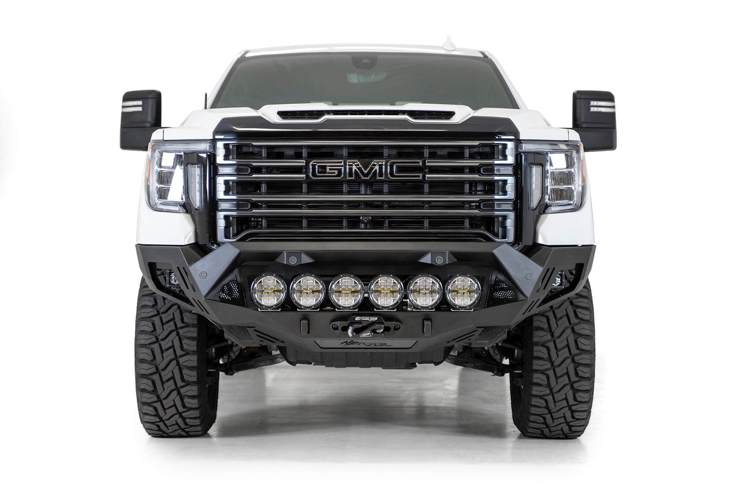 Installed on Car with White LED Lights Front View ADD GMC Bomber HD Front Bumper | 2020-2023 Sierra 2500/3500