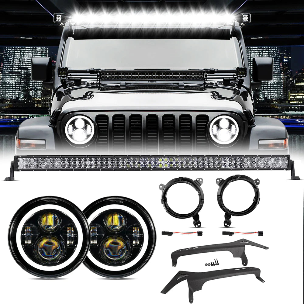 Auxbeam 52" 5D Series Straight LED Light Bar + 7" LED Headlight with Halo Ring & 7" Headlight Adapter 9" Bracket + 52" Straight Light Bar Windshield Mounting Brackets