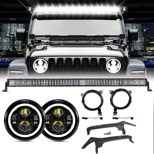 Auxbeam 52" 5D Series Straight LED Light Bar + 7" LED Headlight with Halo Ring & 7" Headlight Adapter 9" Bracket + 52" Straight Light Bar Windshield Mounting Brackets