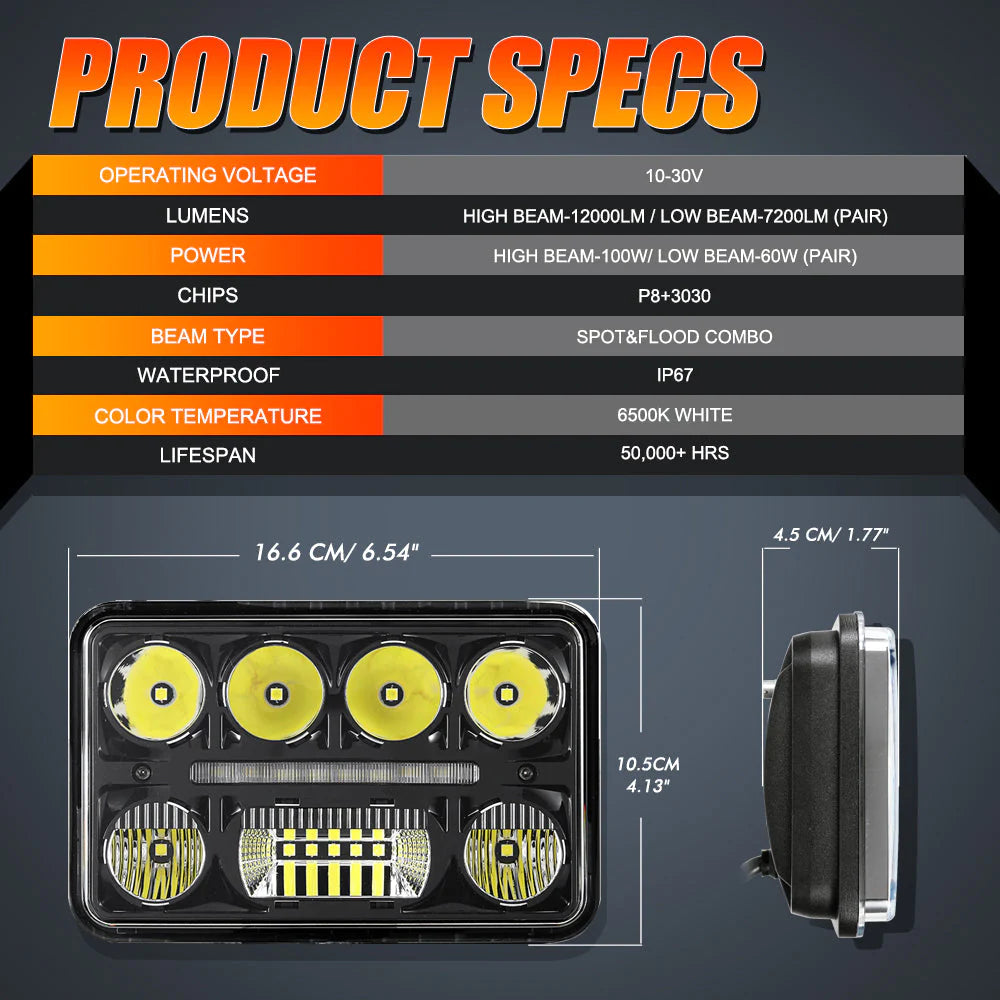 Auxbeam (4pcs/set) 4x6 Inch Sealed Beam LED Headlights Exclusive Design Anti-glare with Hi-Lo Beam & DRL