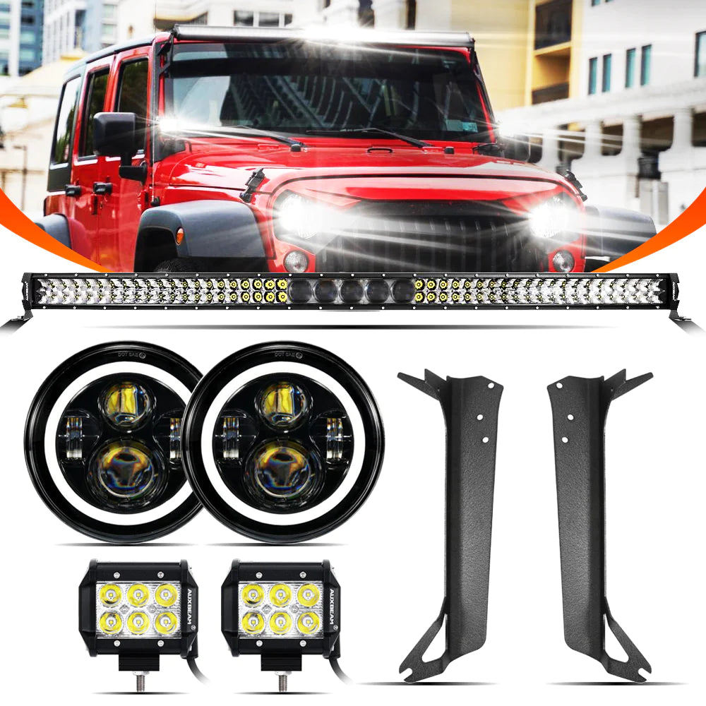 Auxbeam 7" LED Halo Headlights + 5D-PRO 52" Straight LED Light Bar + Windshield Mounting Brackets + 18W Spot Beam Pod Lights Set