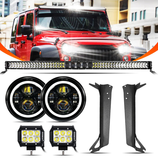 Auxbeam 7" LED Halo Headlights + 4" Inch LED Fog Lights with DRL + 5D-PRO 52" Straight LED Light Bar + Windshield Mounting Brackets + 18W Spot Beam Pod Lights Set