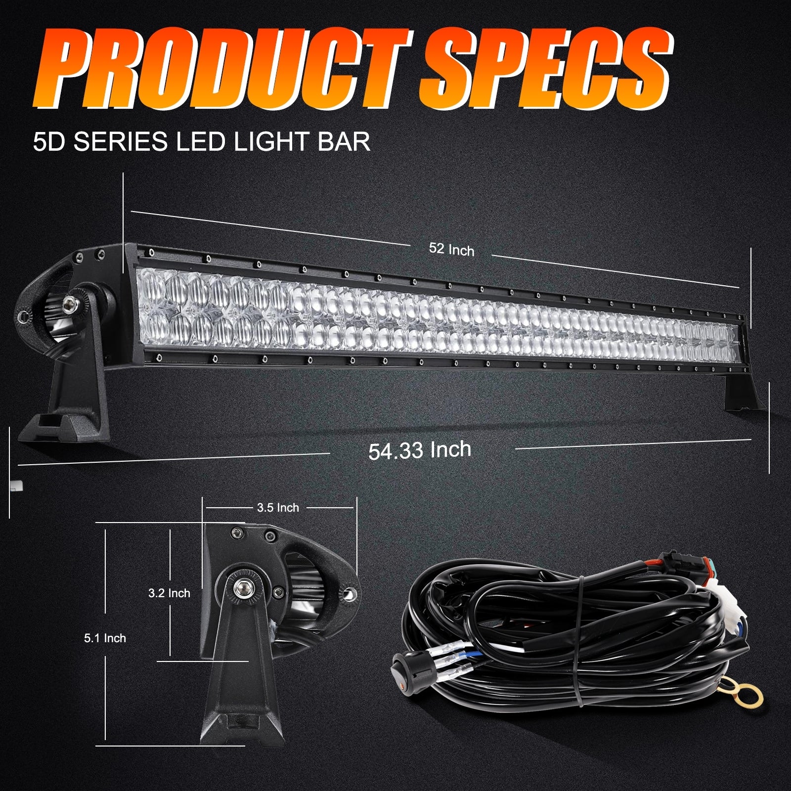 Auxbeam 52" 5D Series Straight LED Light Bar + 7" LED Headlight with Halo Ring & 7" Headlight Adapter 9" Bracket + 52" Straight Light Bar Windshield Mounting Brackets