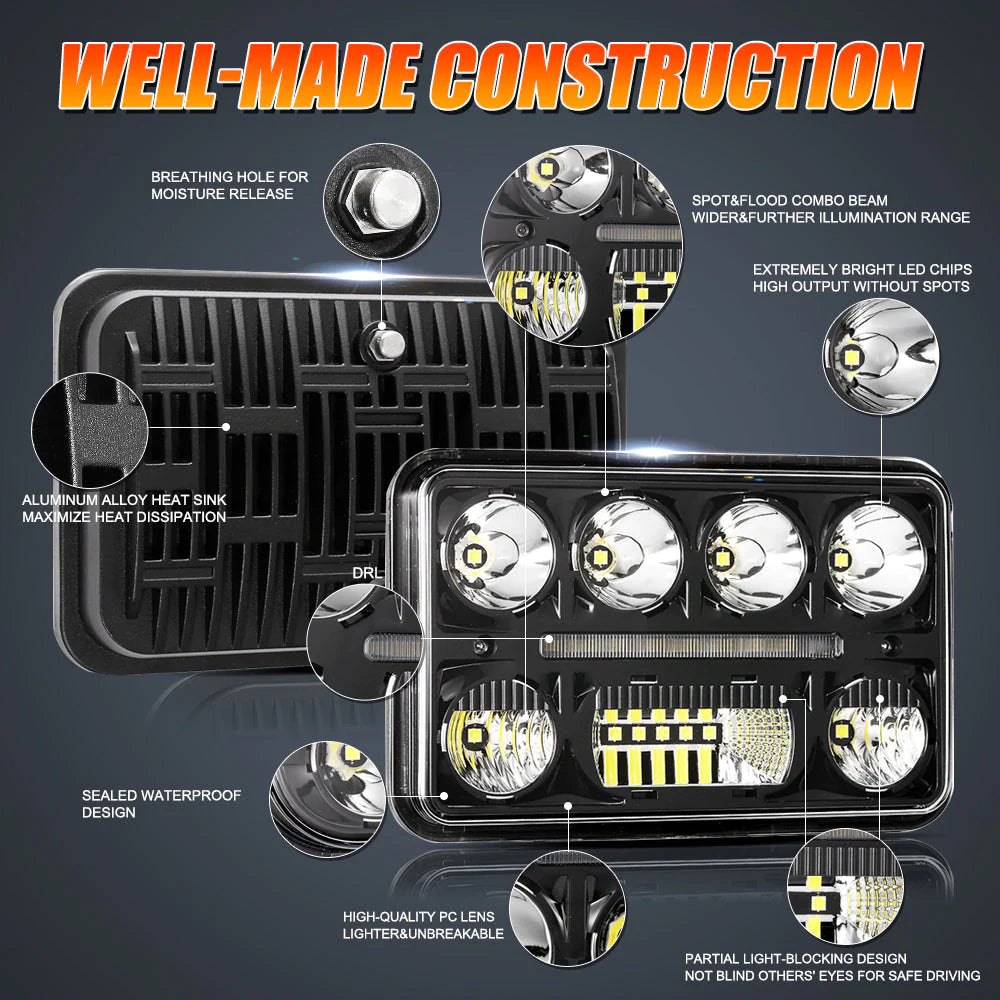 Auxbeam (4pcs/set) 4x6 Inch Sealed Beam LED Headlights Exclusive Design Anti-glare with Hi-Lo Beam & DRL