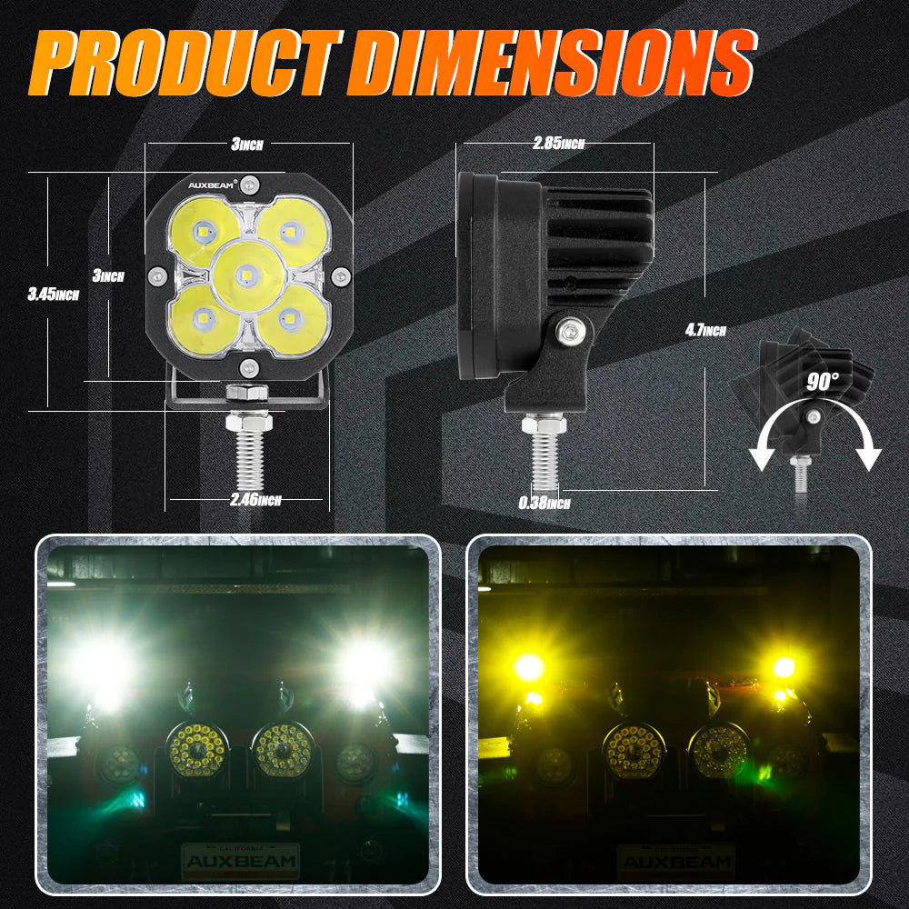 Auxbeam 3 Inch LED Pods Lights with Additional Amber Covers & Fog Lamp Mounting Brackets (Vertical Fog Lamp) for Dodge Ram 1500 2013-2018