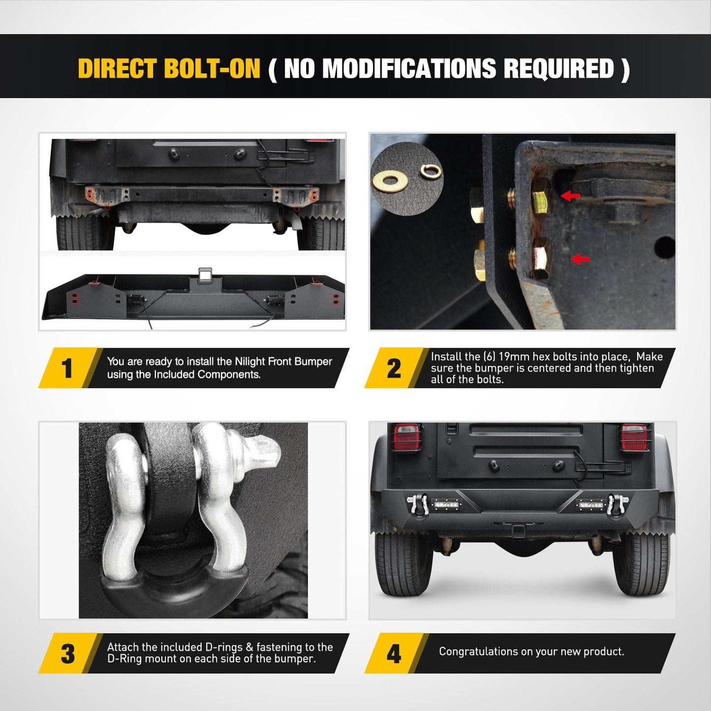 Direct Bolt-On Nilight Rear Bumper Kit for 1987-2006 Jeep Wrangler TJ & YJ