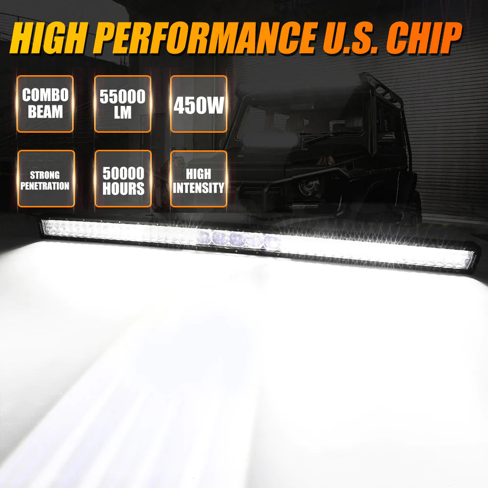 Auxbeam 7" LED Halo Headlights + 5D-PRO 52" Straight LED Light Bar + Windshield Mounting Brackets + 18W Spot Beam Pod Lights Set
