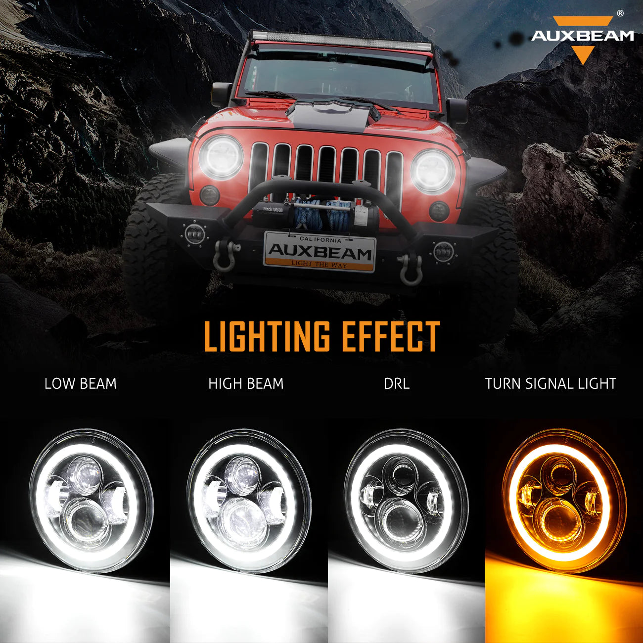 Auxbeam 7" LED Halo Headlights + 5D-PRO 52" Straight LED Light Bar + Windshield Mounting Brackets + 18W Spot Beam Pod Lights Set