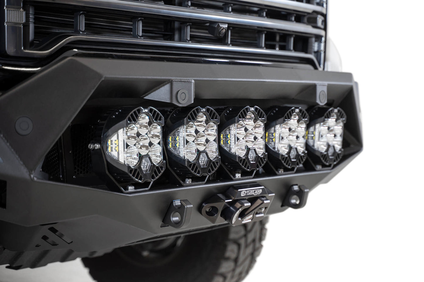 Installed on Car with Round Lights Close View ADD GMC Bomber HD Front Bumper | 2020-2023 Sierra 2500/3500