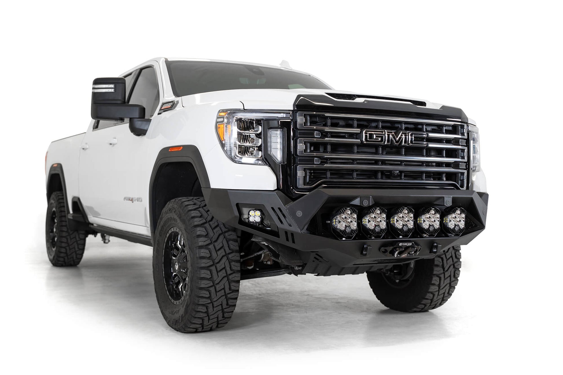 Installed on Car with White Round Lights ADD GMC Bomber HD Front Bumper | 2020-2023 Sierra 2500/3500