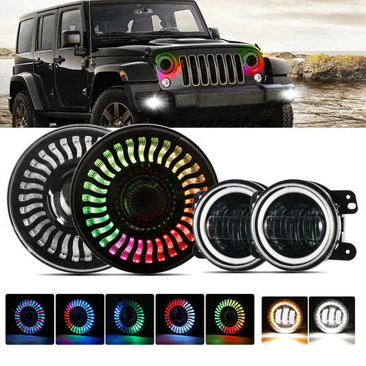 Auxbeam 7'' Hi-Lo Beam LED Headlight with RGB Flowing Halo Ring & 4'' LED Fog Lights With White DRL+Amber Turn Signal