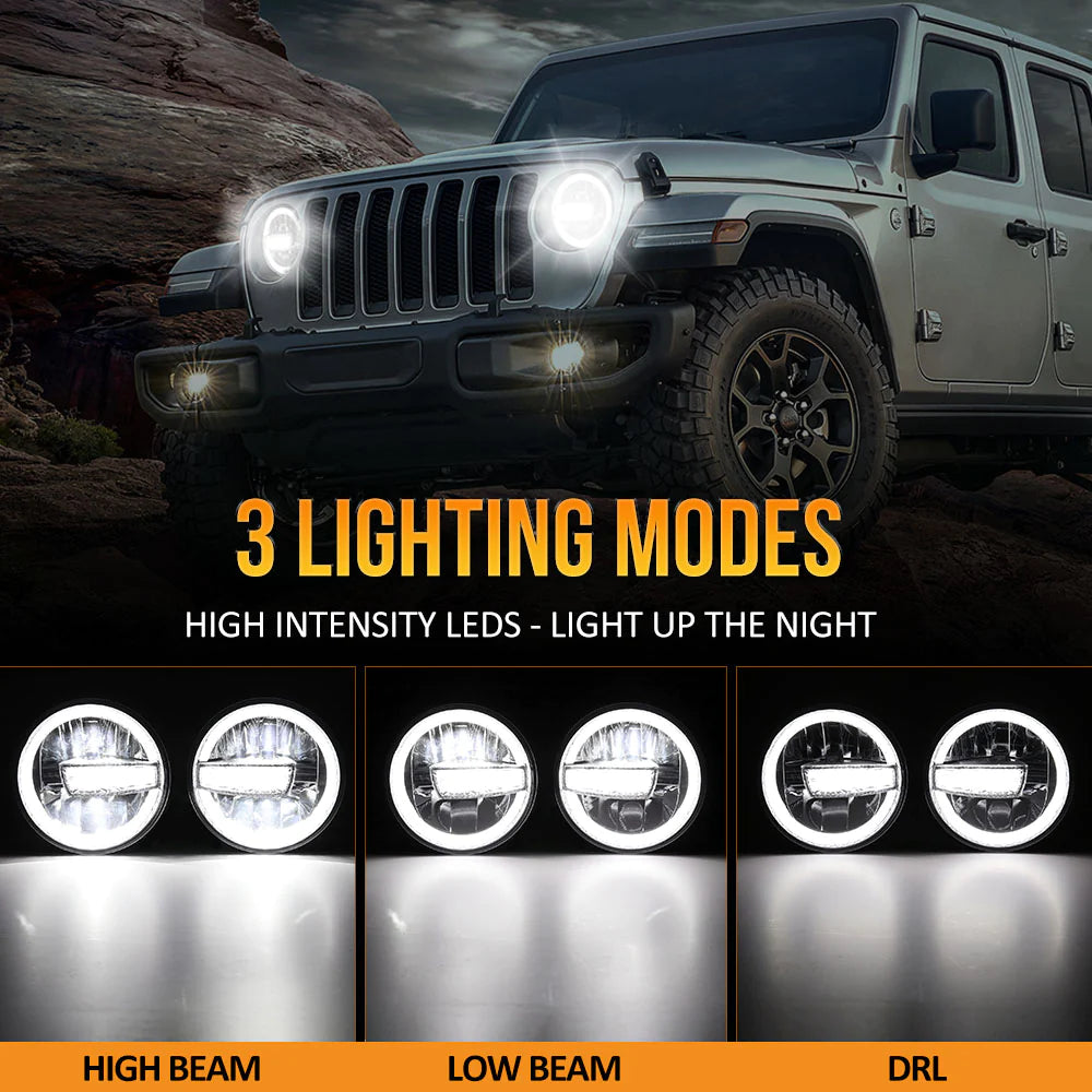 Auxbeam (2PCS/SET) 7 Inch 90W Dot Approved Led Headlights With Halo Ring DRL & High Low Beam