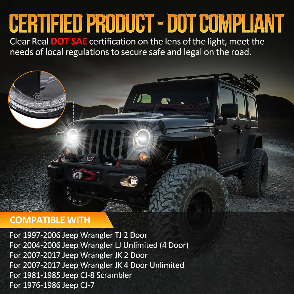 Auxbeam (2PCS/SET) 7 Inch 90W Dot Approved Led Headlights With Halo Ring DRL & High Low Beam