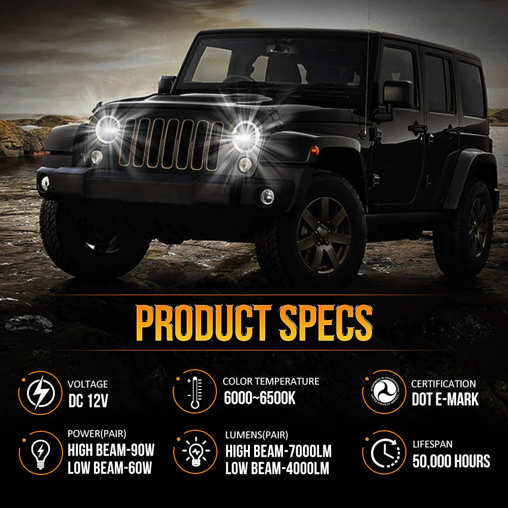 Auxbeam (2PCS/SET) 7 Inch 90W Dot Approved Led Headlights With Halo Ring DRL & High Low Beam