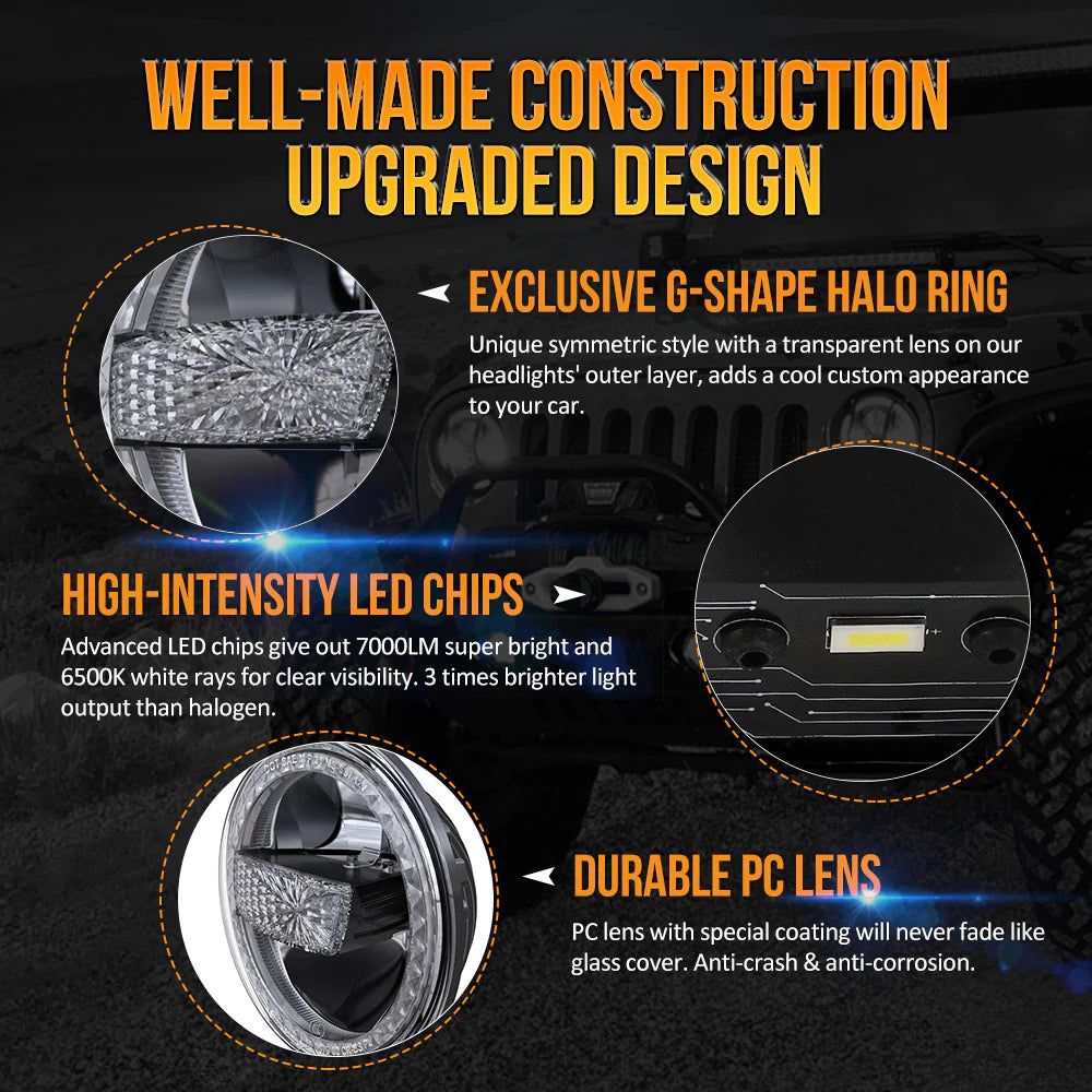 Auxbeam (2PCS/SET) 7 Inch 90W Dot Approved Led Headlights With Halo Ring DRL & High Low Beam