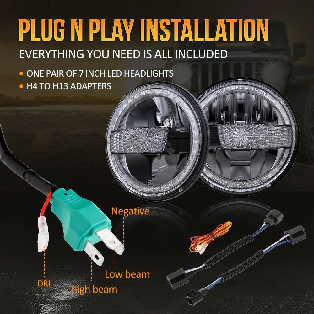 Auxbeam (2PCS/SET) 7 Inch 90W Dot Approved Led Headlights With Halo Ring DRL & High Low Beam