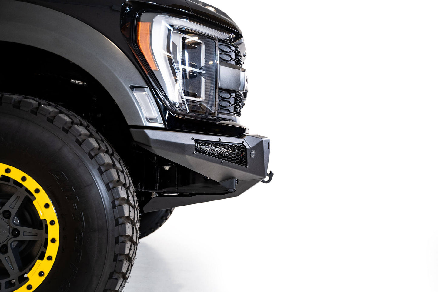 SIde View of Installed ADD HoneyBadger Front Bumper | 2021-2023 Ford F-150 Raptor/Raptor R
