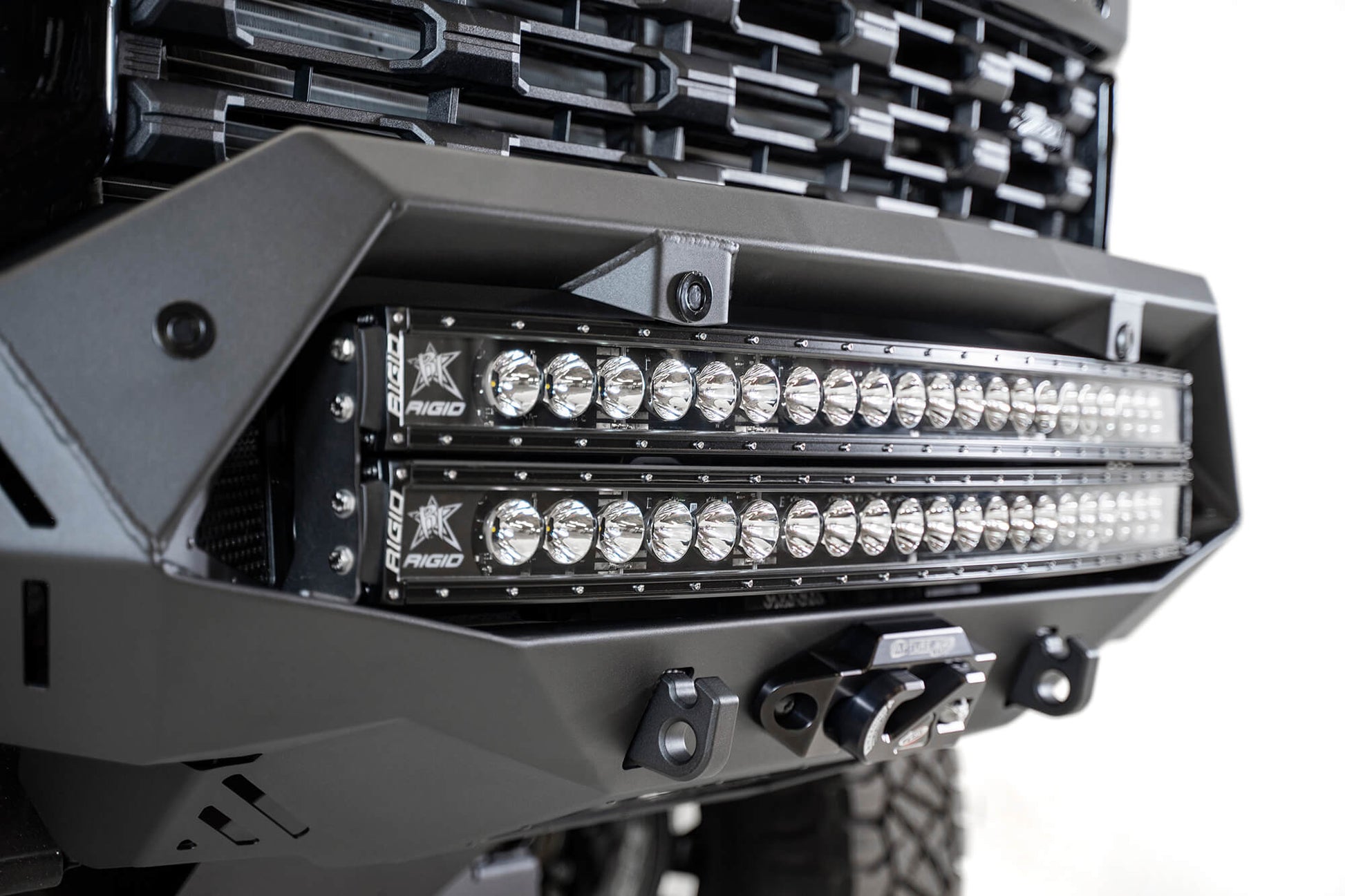 Installed on Car With Light Bar Front View ADD Chevy Bomber HD Front Bumper | 2020-2023 Chevy 2500/3500