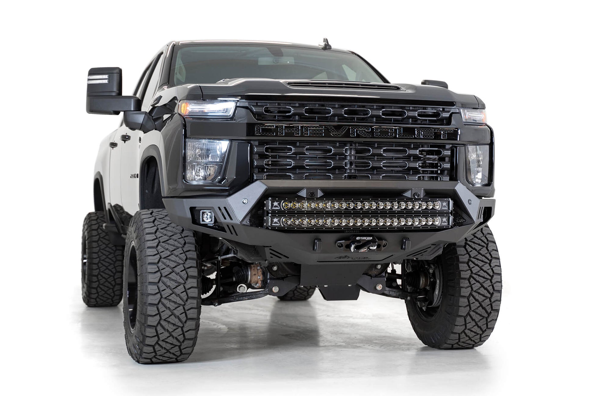 Installed on Car with Light Bar ADD Chevy Bomber HD Front Bumper | 2020-2023 Chevy 2500/3500